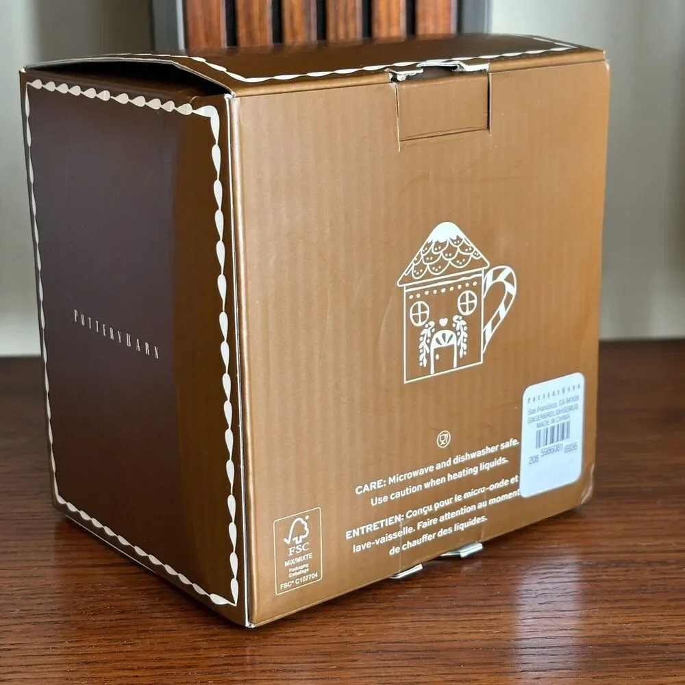 Pottery Barn Gingerbread House Lidded Stoneware Mug Winter Christmas Holiday NIB